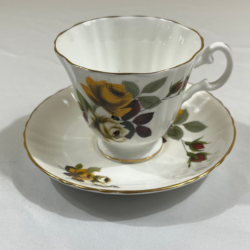 Royal Grafton Tea Cup Saucer Set White Yellow Rose Gold Gilt Fluted